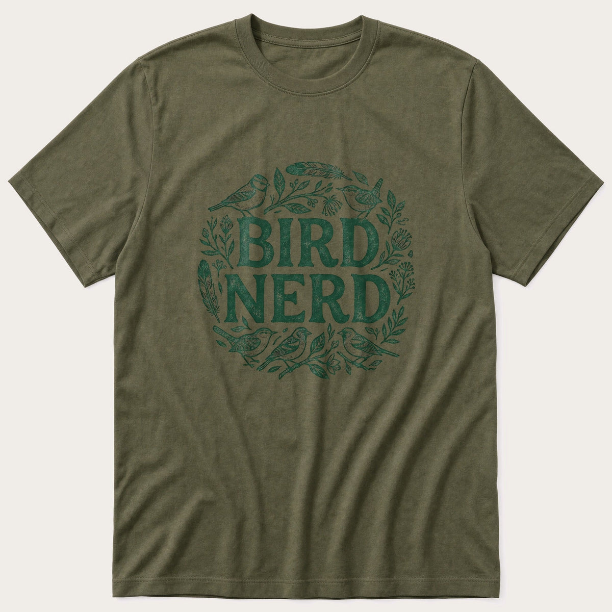 Floral Bird Nerd — Olive T-Shirt