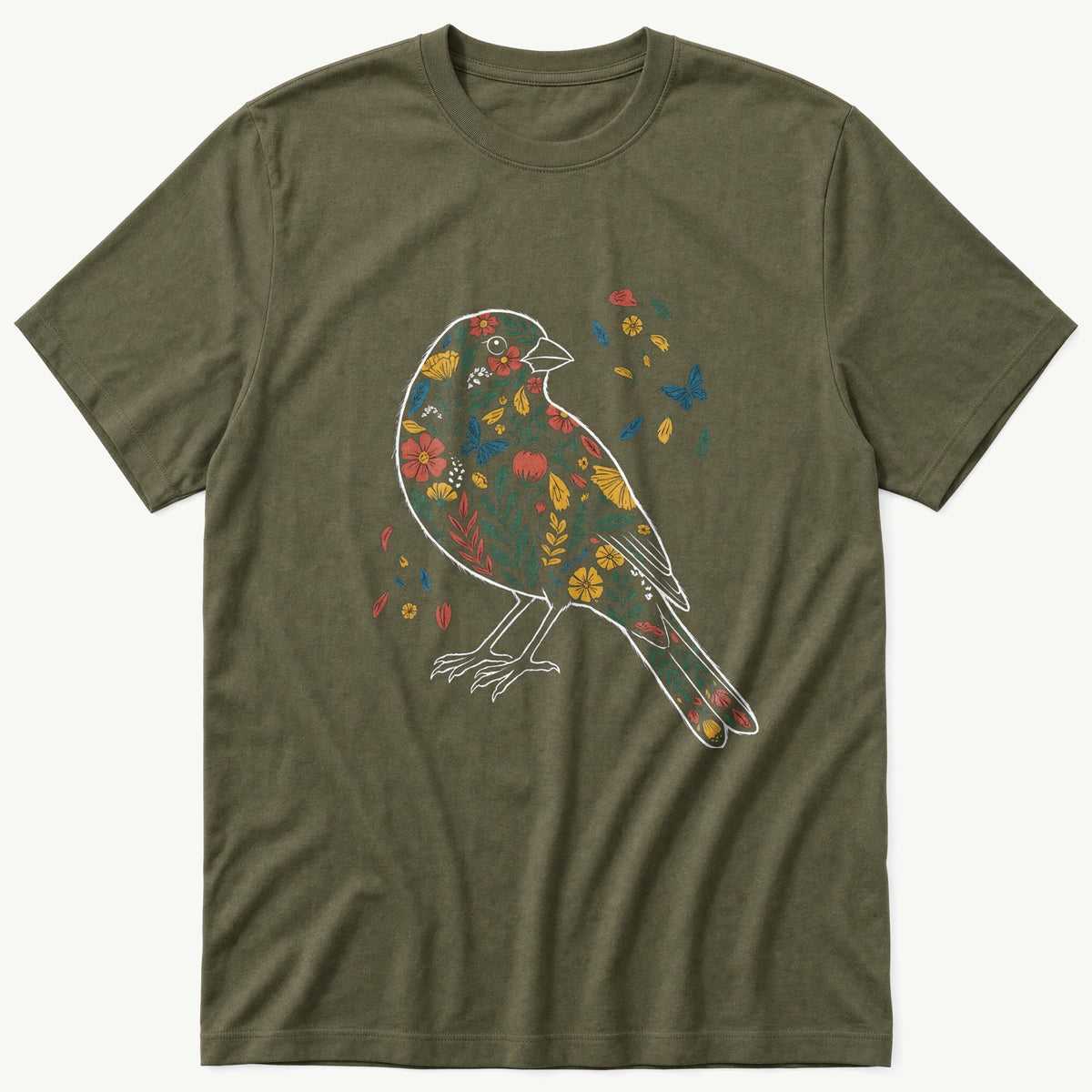 Floral Bird — Olive T-Shirt