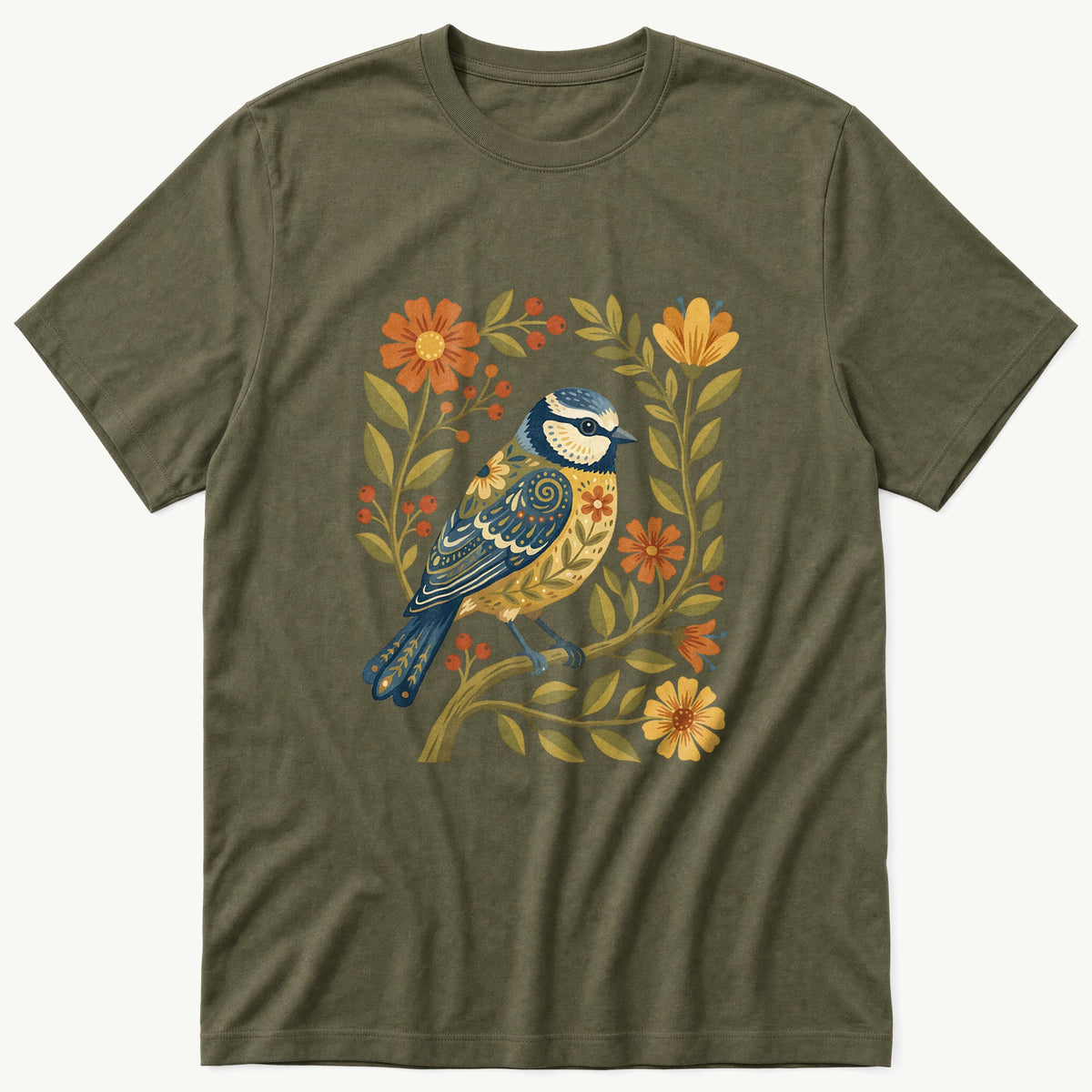 Folk Style BlueTit V2 — Olive T-Shirt
