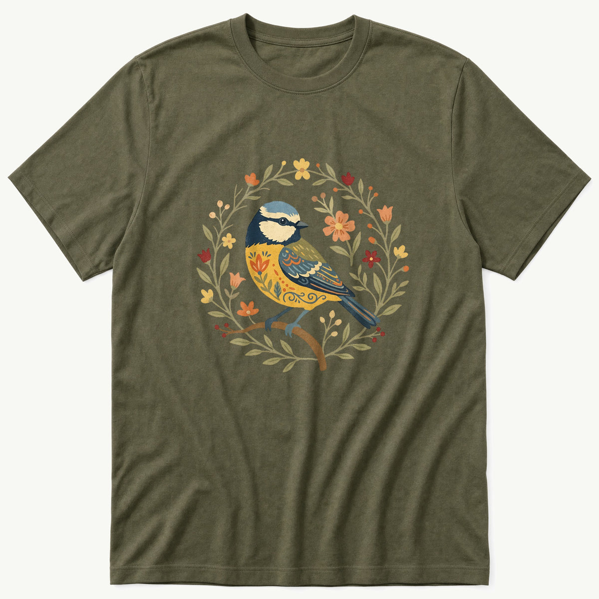 Folk Style BlueTit — Olive T-Shirt