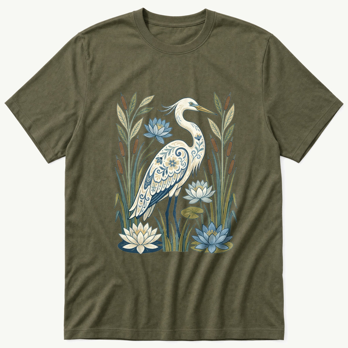 Folk Style Crane — Olive T-Shirt