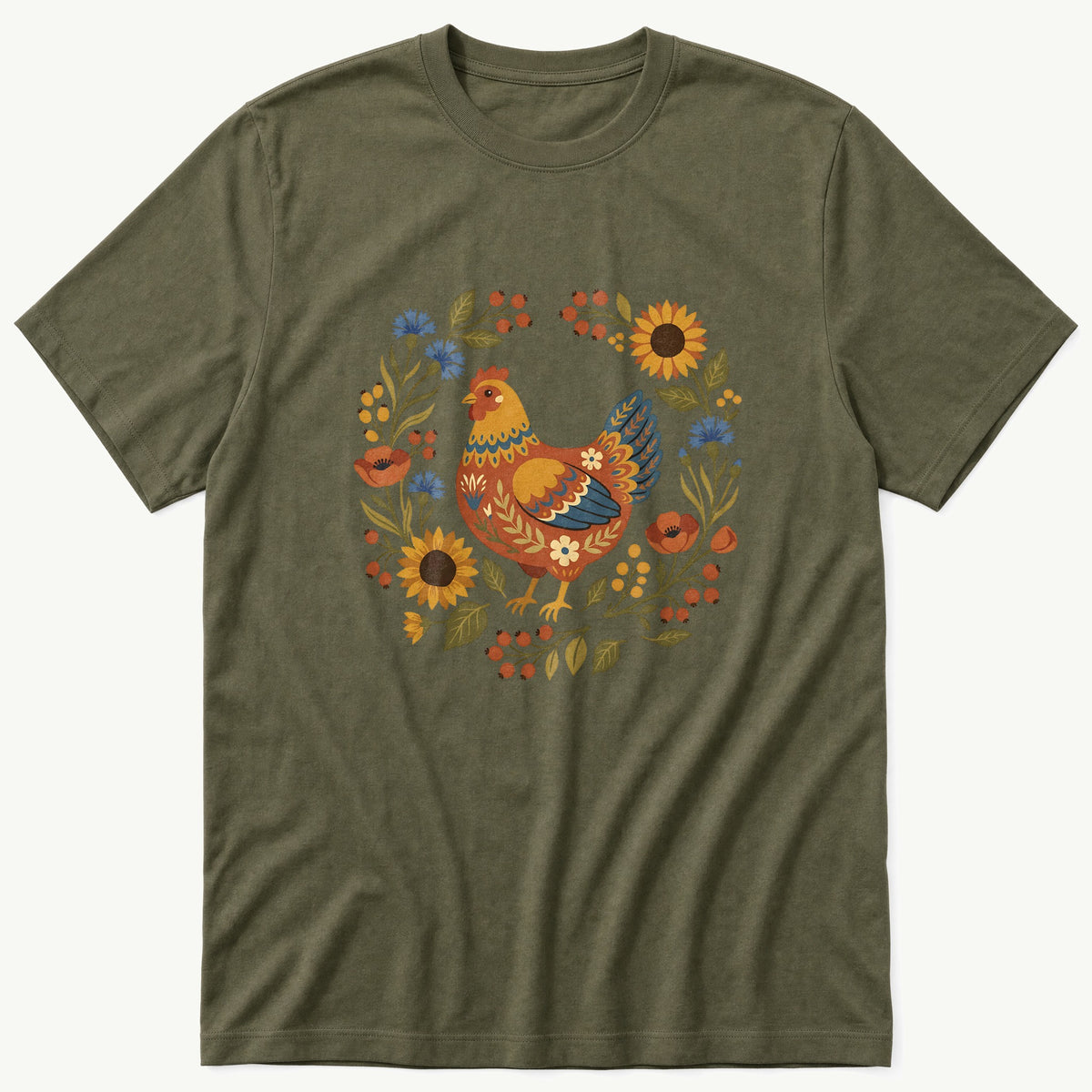 Folk Style Hen — Olive T-Shirt