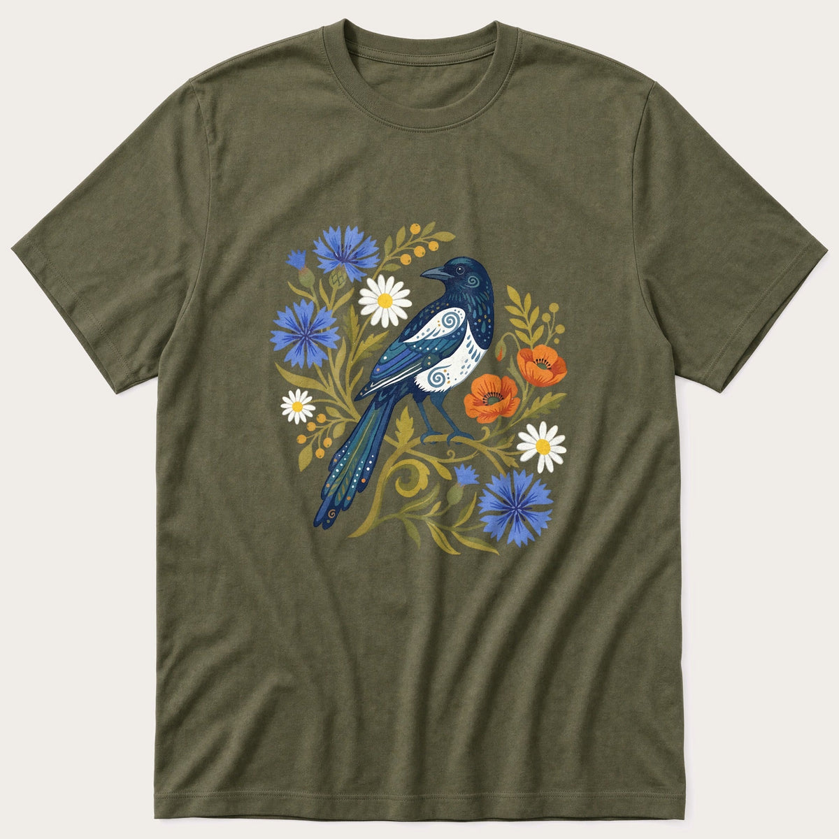 Folk Style MagPie — Olive T-Shirt