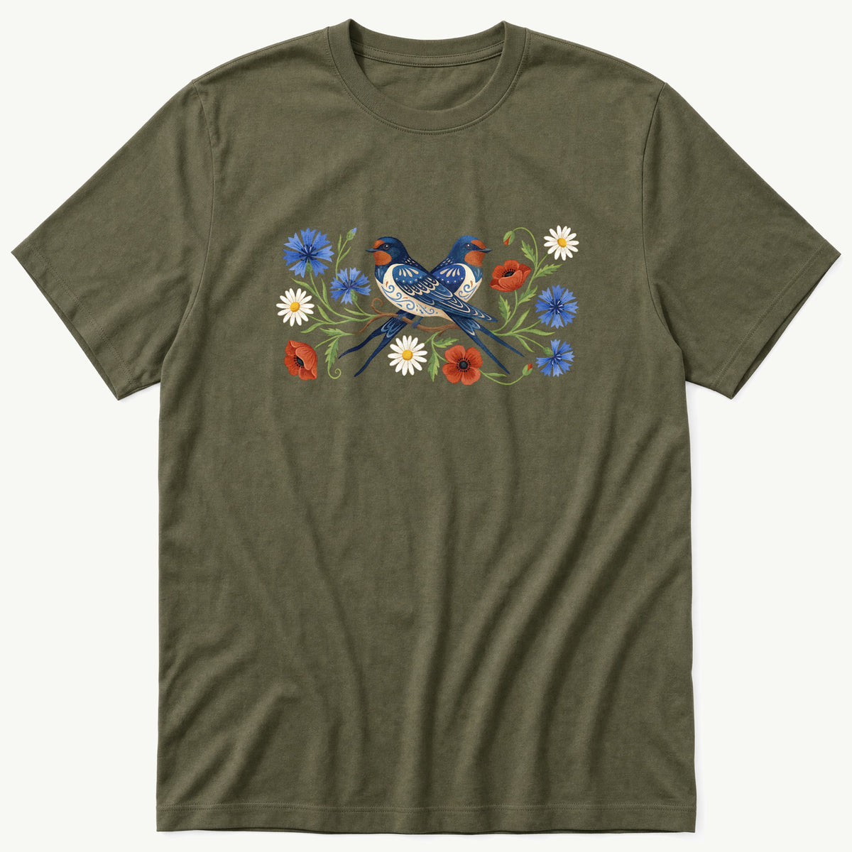 Folk Style Pair Of Swallows — Olive T-Shirt