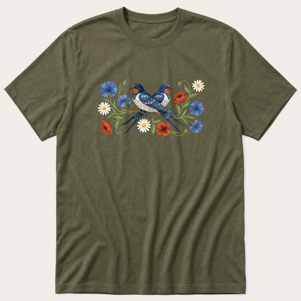 Folk Style Pair Of Swallows — Olive T-Shirt