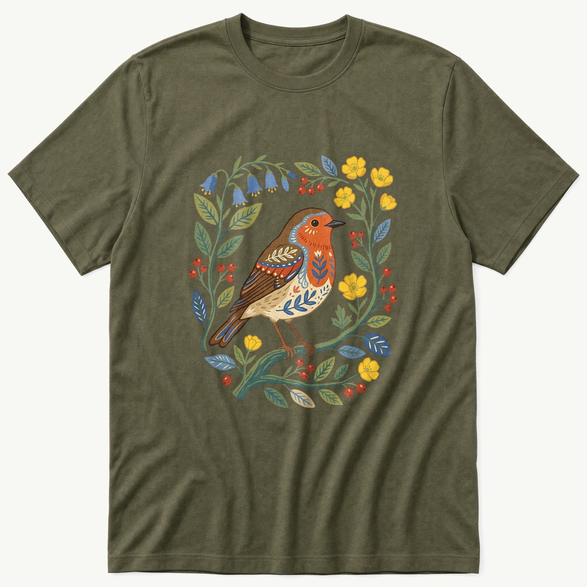 Folk Style Robin — Olive T-Shirt