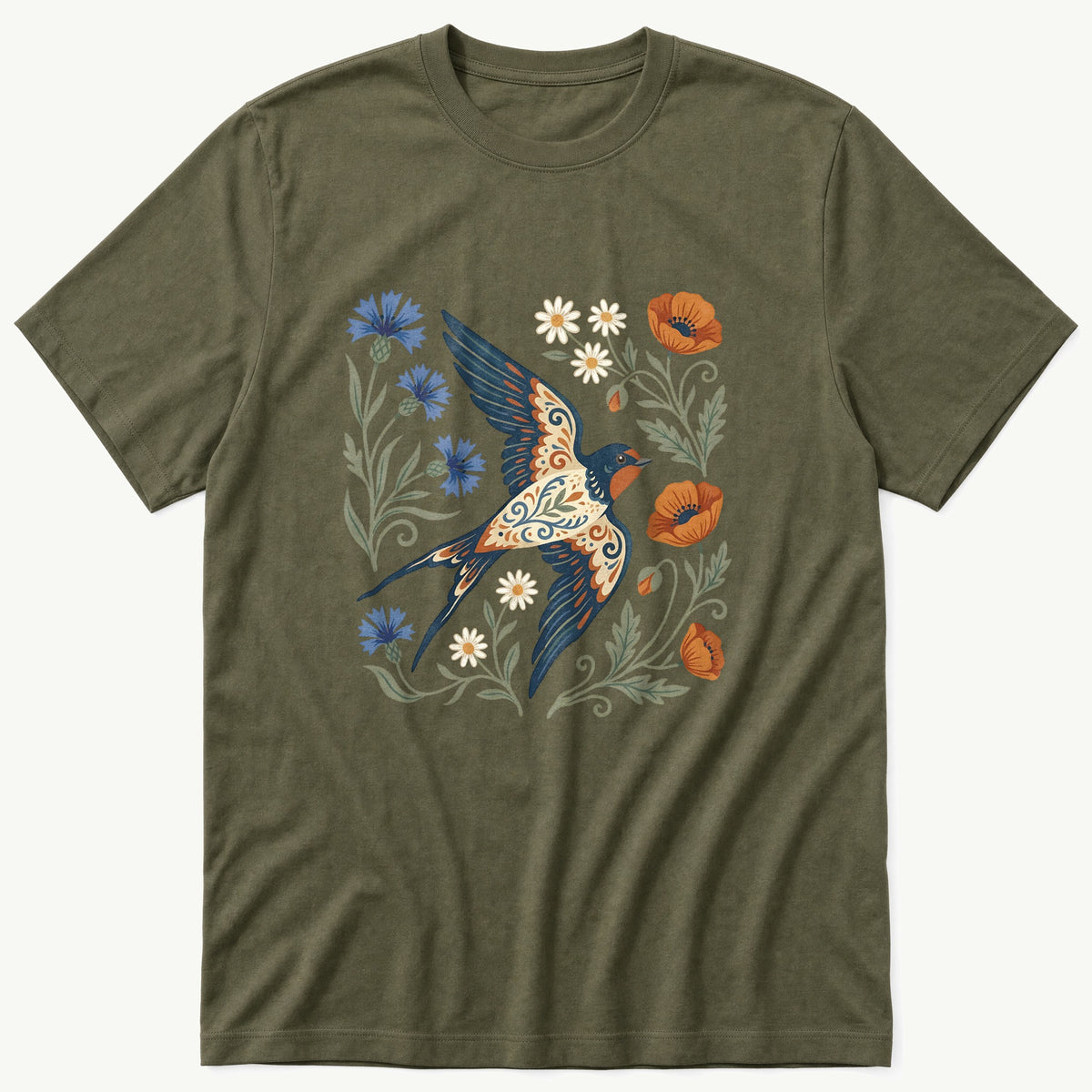 Folk Style Swallow — Olive T-Shirt
