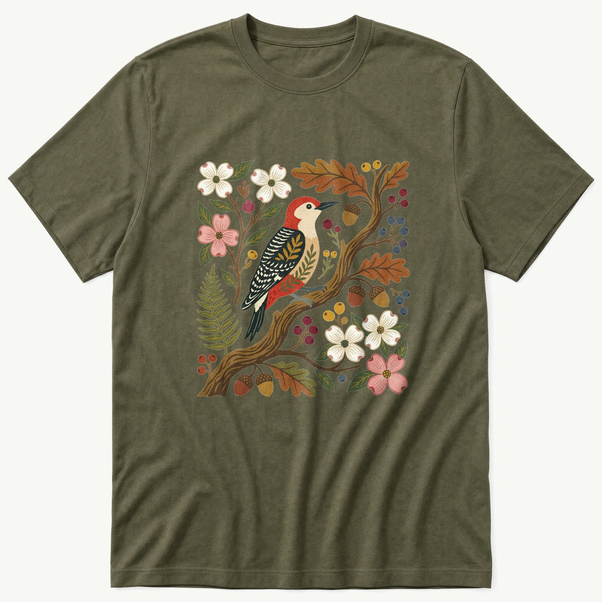 Folk Style WoodPecker — Olive T-Shirt