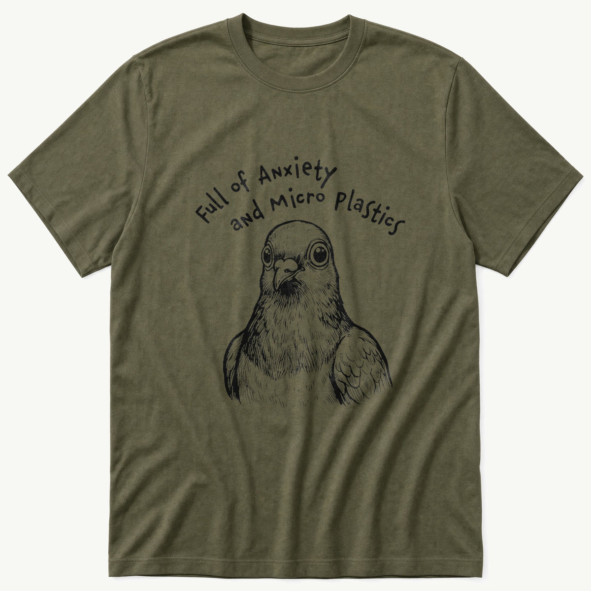 Full Of Micro Plastics Pigeon 44 — Olive T-Shirt