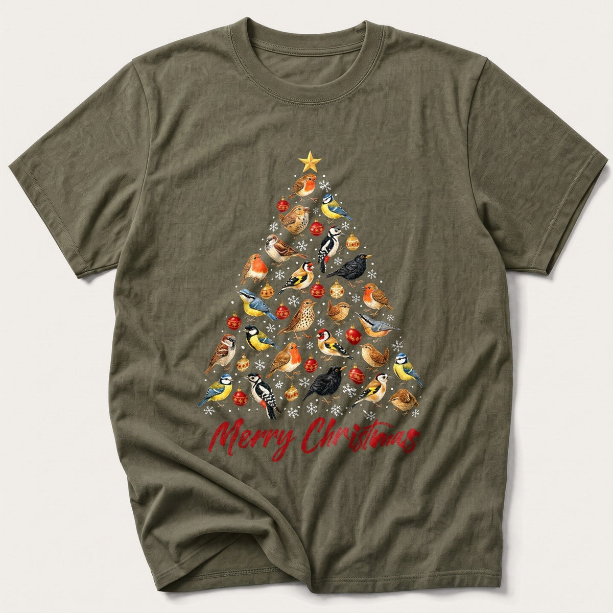 Garden Bird Christmas Tree — Olive T-Shirt