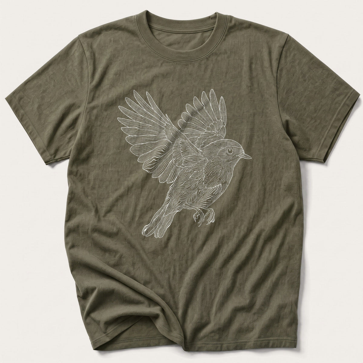 Line Art Robin — Olive T-Shirt