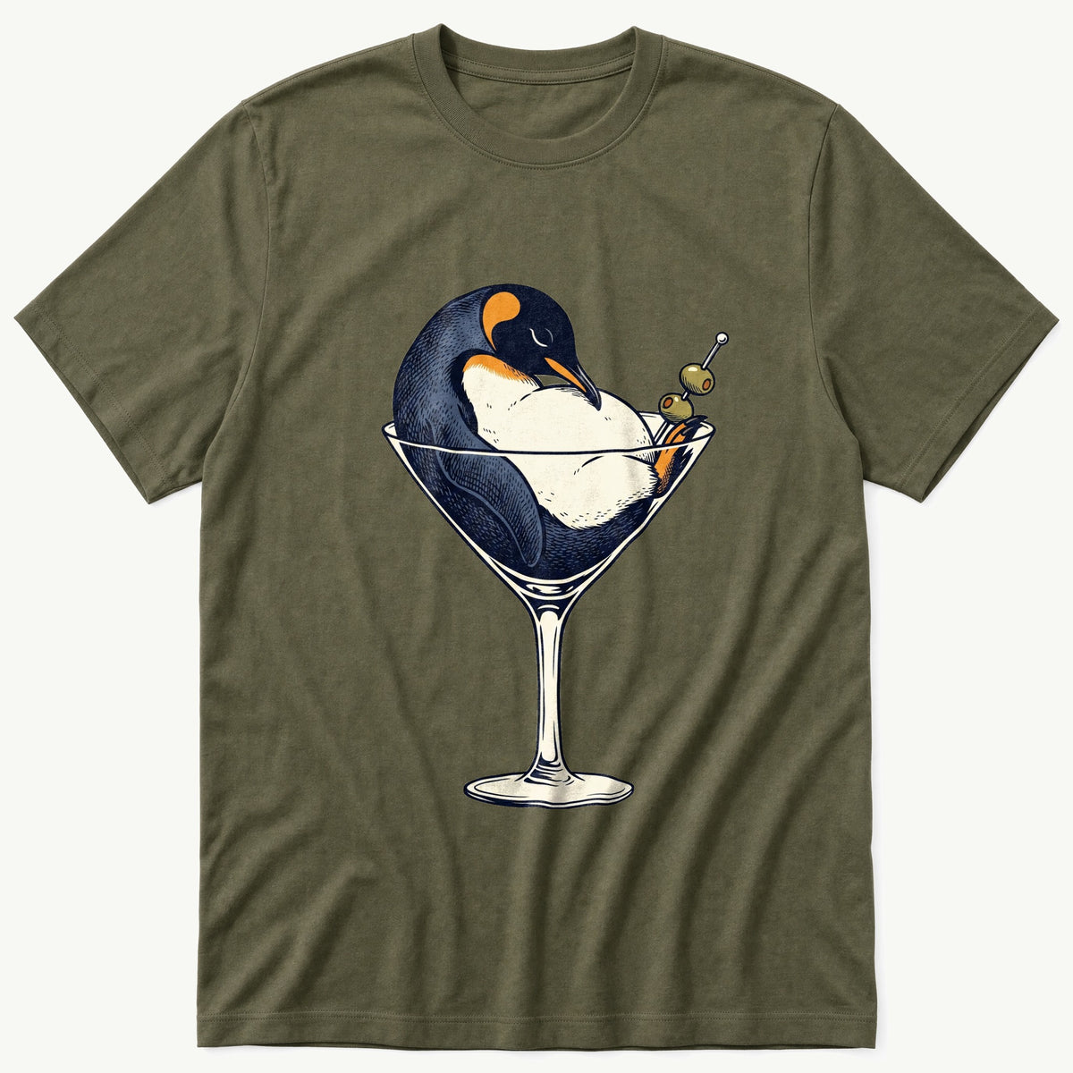 Martini Penguin — Olive T-Shirt