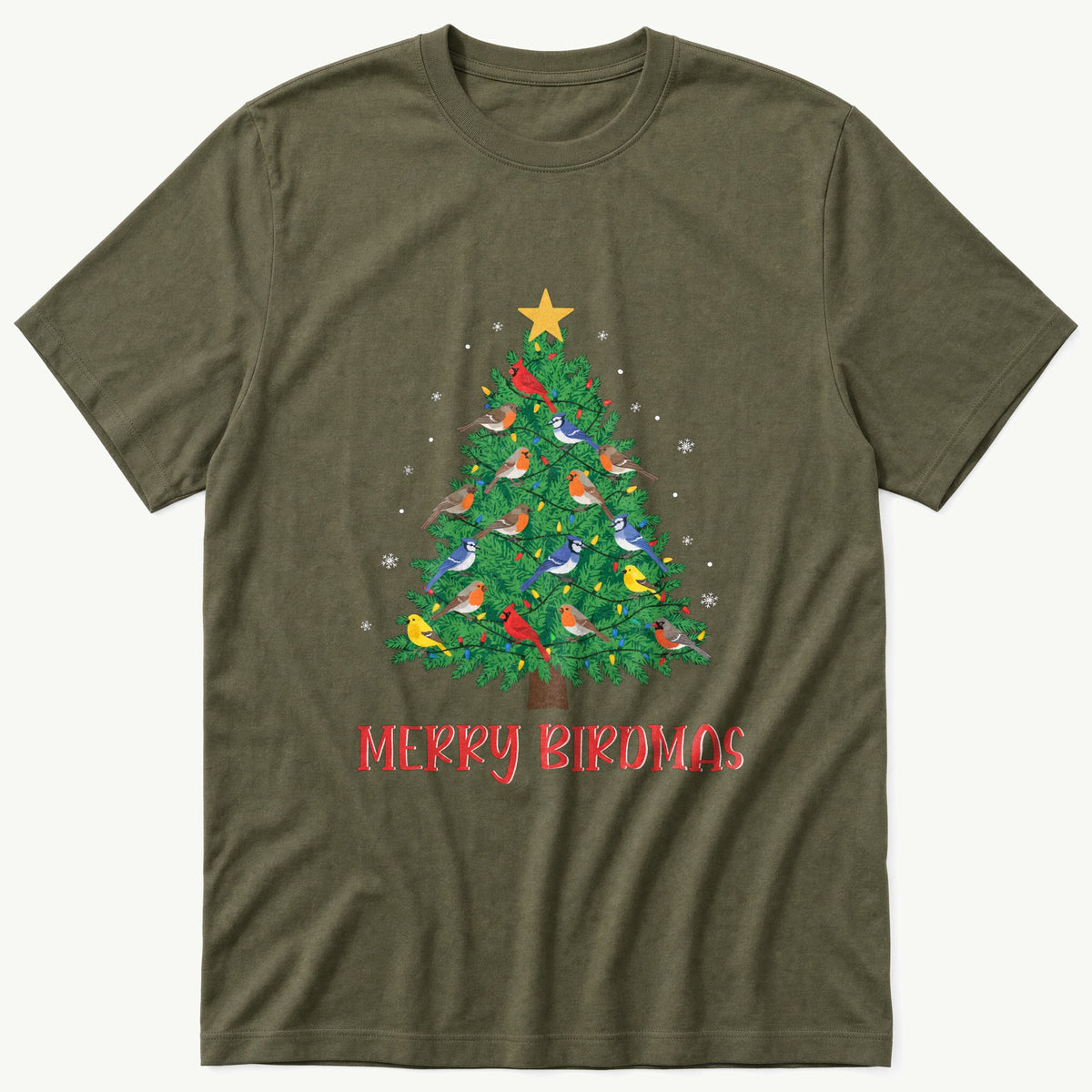 Merry Birdmas Tree — Olive T-Shirt