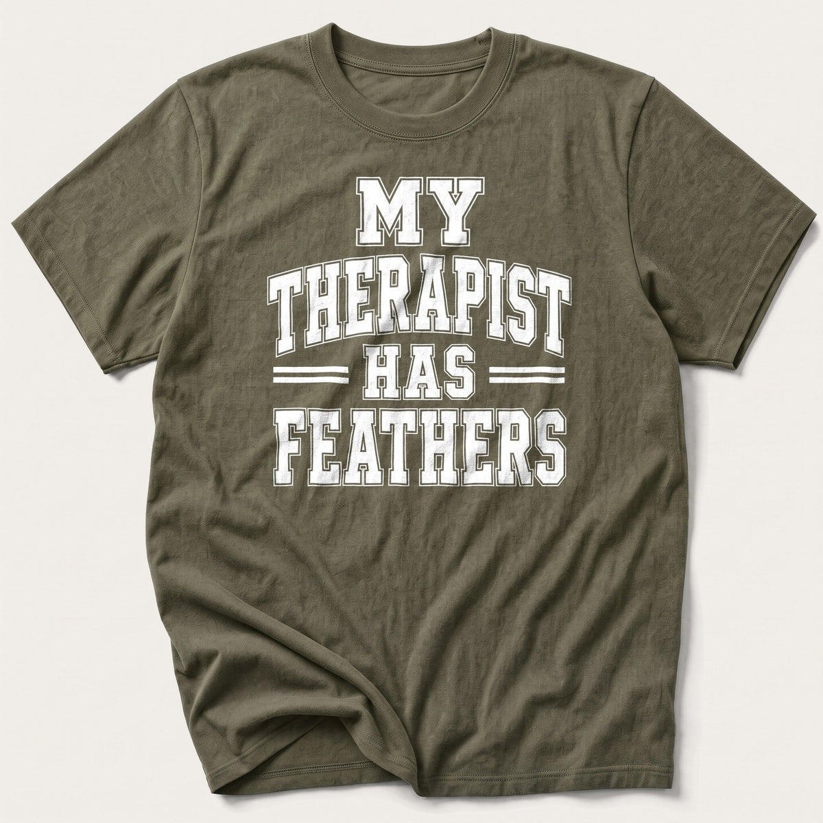 My Therapist Has Feathers Varsity — Olive T-Shirt