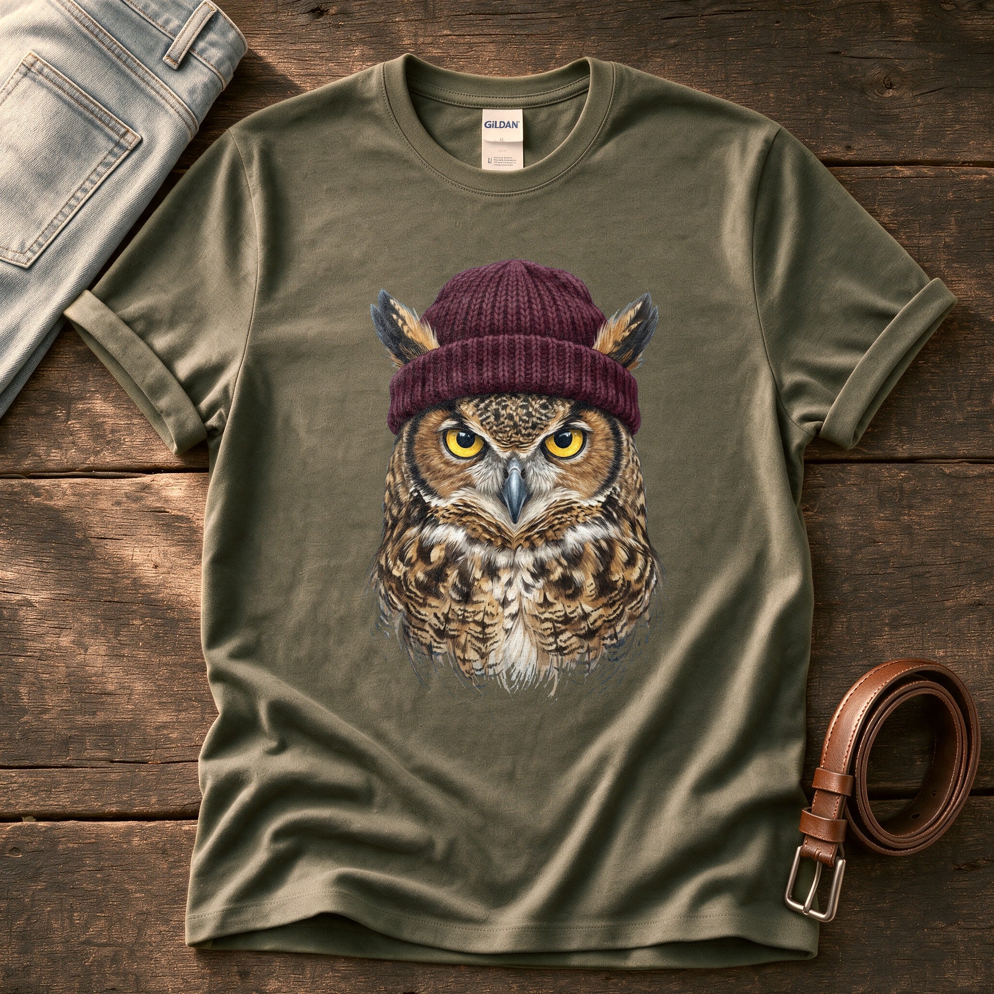 Owl Wool Hat 3 — Olive Comfort Colors tee