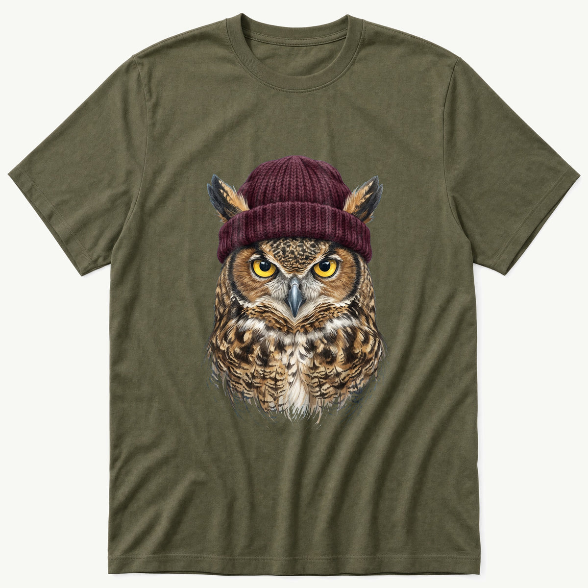 Owl Wool Hat 3 — Olive T-Shirt