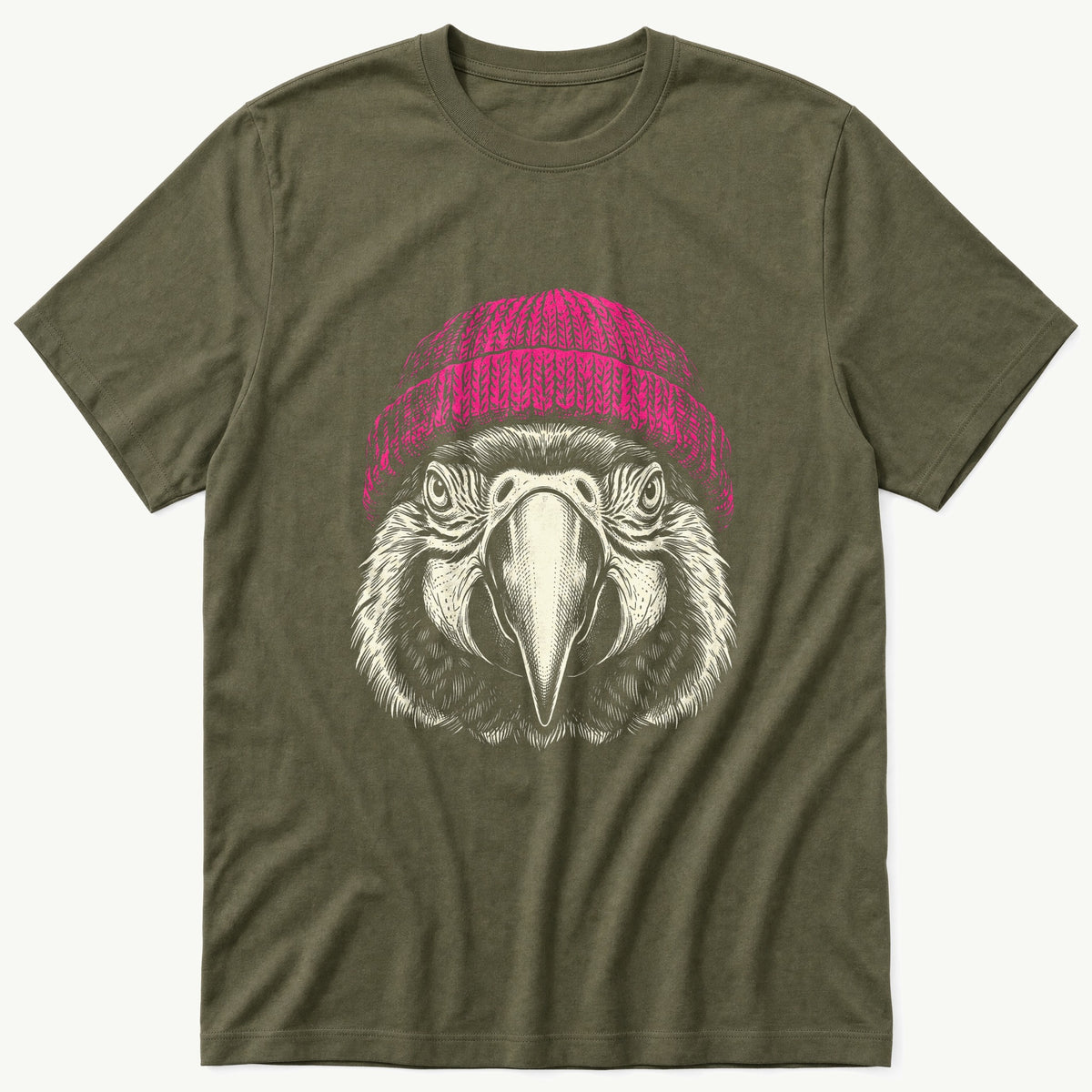 Parrot Wearing Beanie — Olive T-Shirt