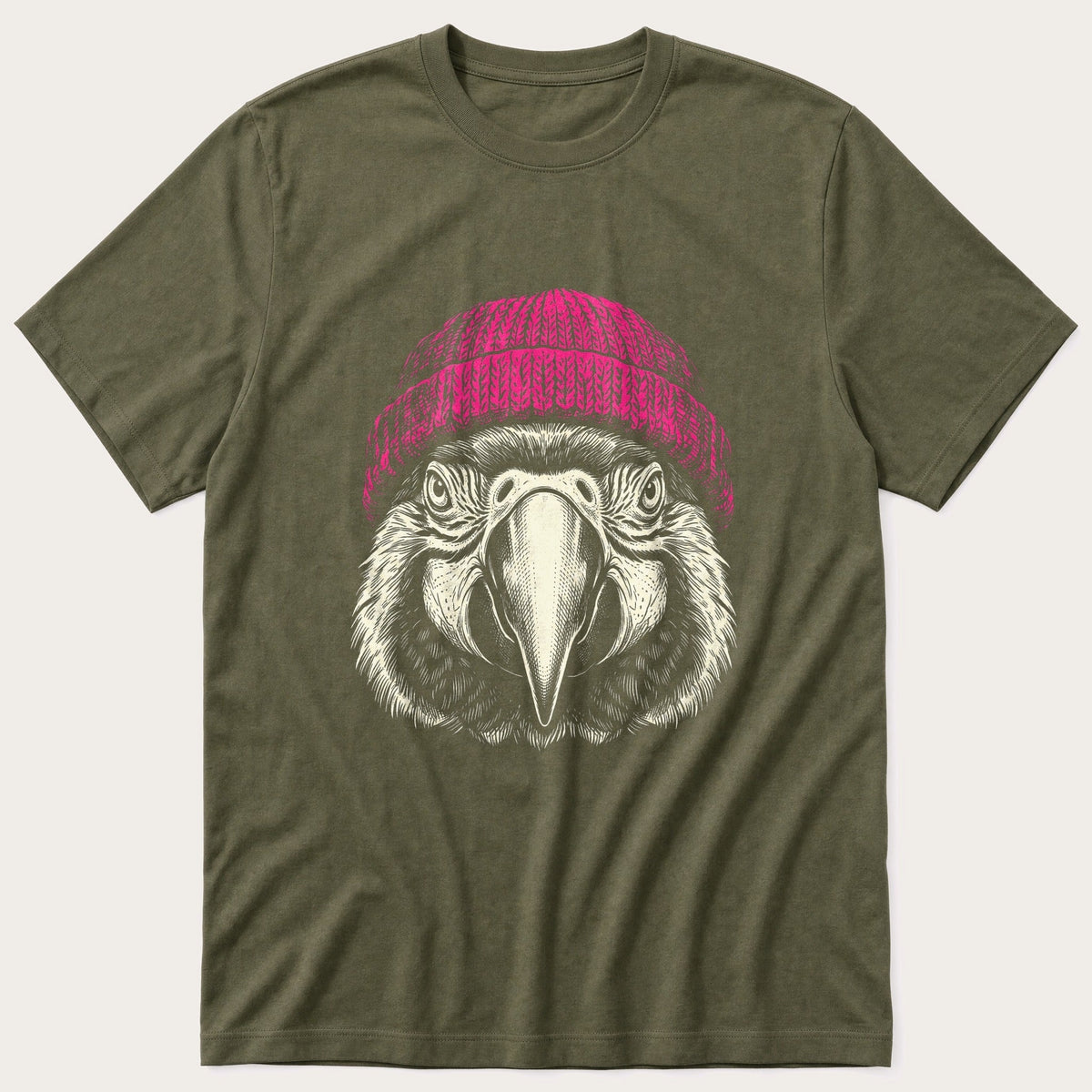 Parrot Wearing Beanie — Olive T-Shirt