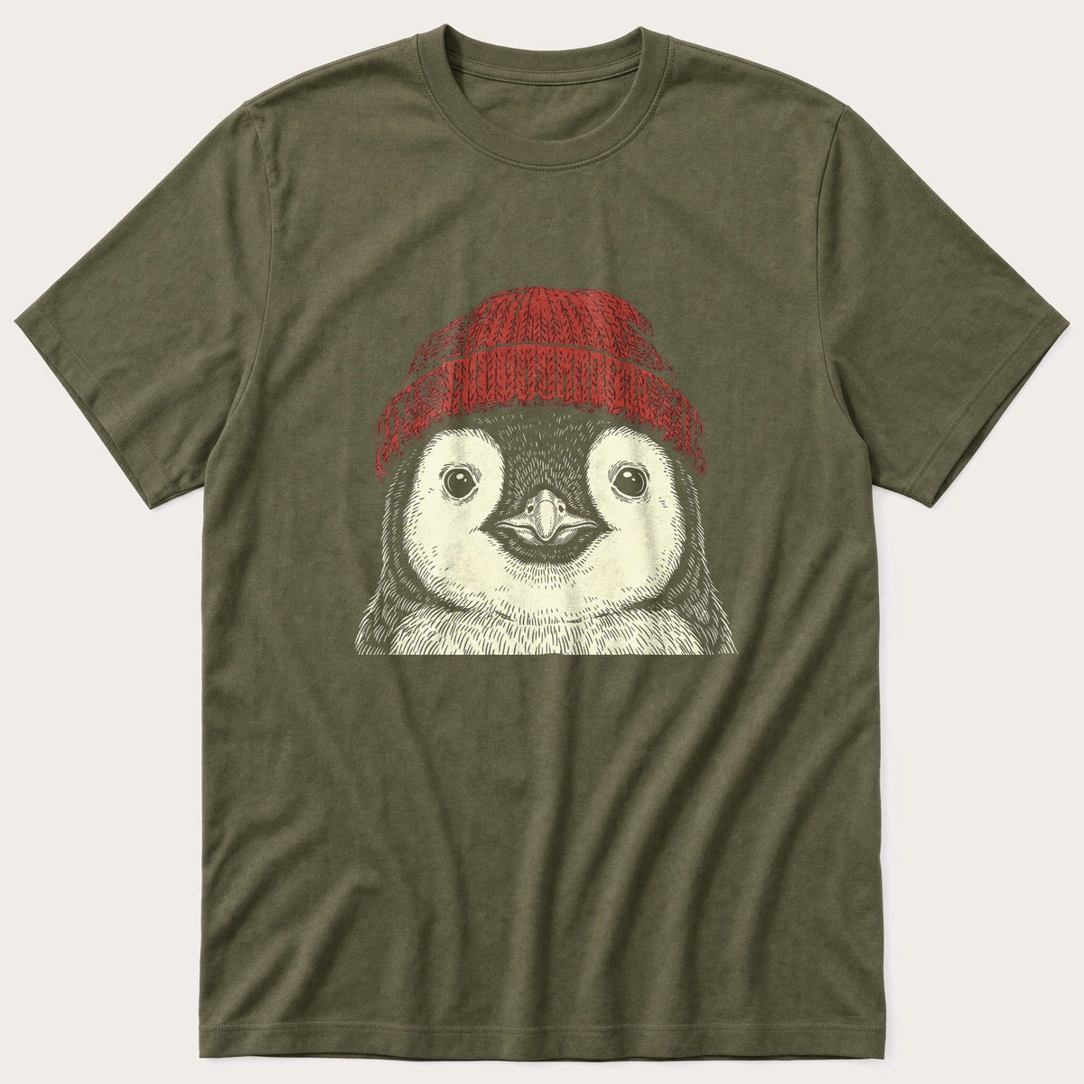 Penguin Beanie 4 — Olive T-Shirt