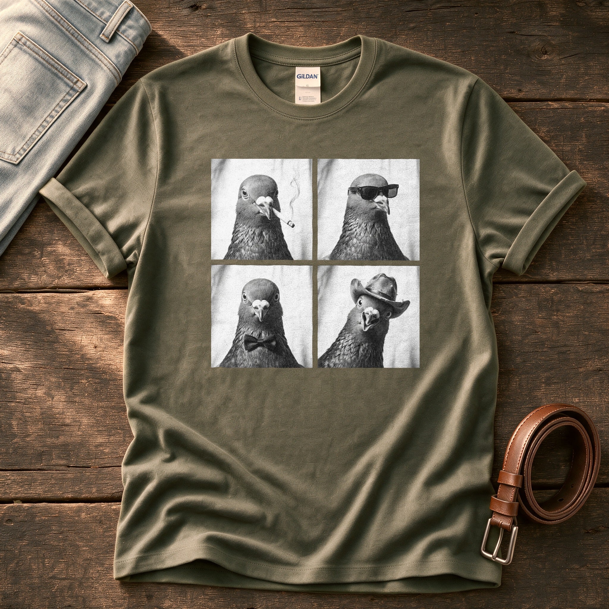 Photo Booth Pigeons — Olive Comfort Colors tee