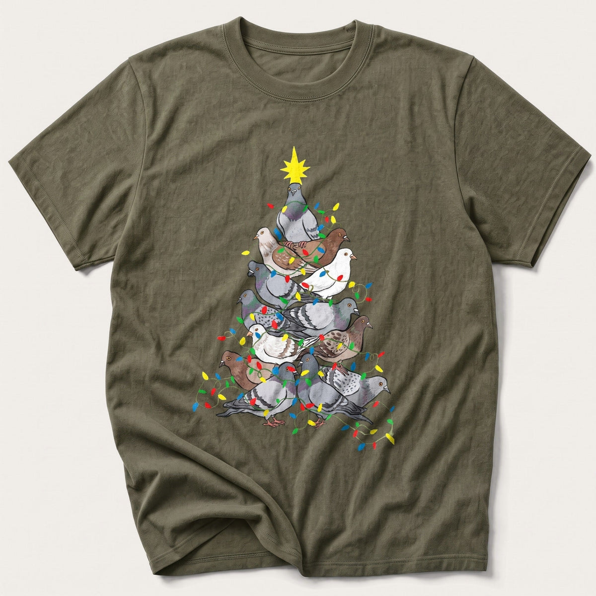Pigeon Pile Christmas Tree — Olive T-Shirt