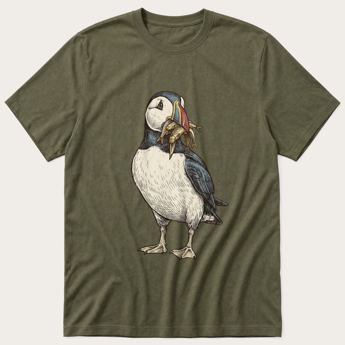 Puffin And Fish 12 — Olive T-Shirt