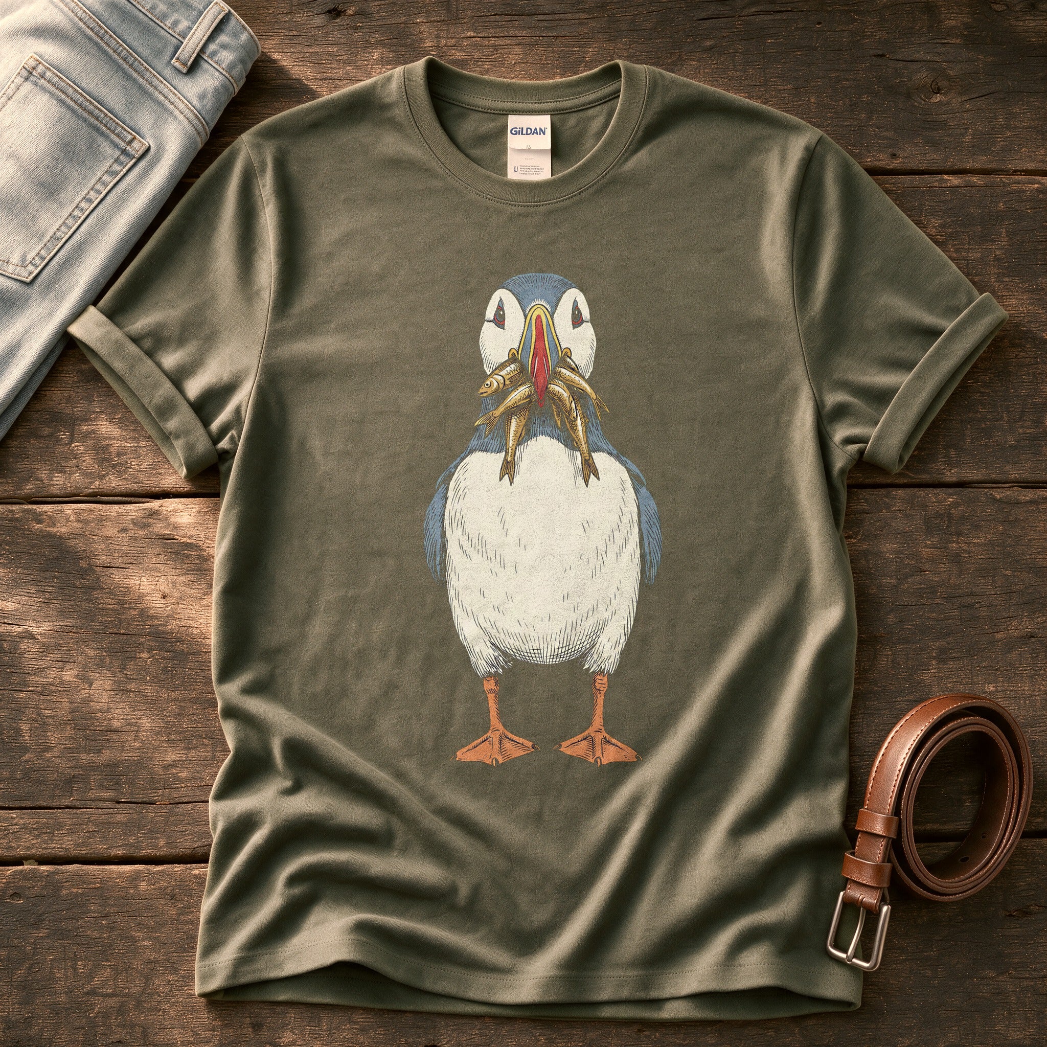Puffin And Fish 7 — Olive Comfort Colors tee