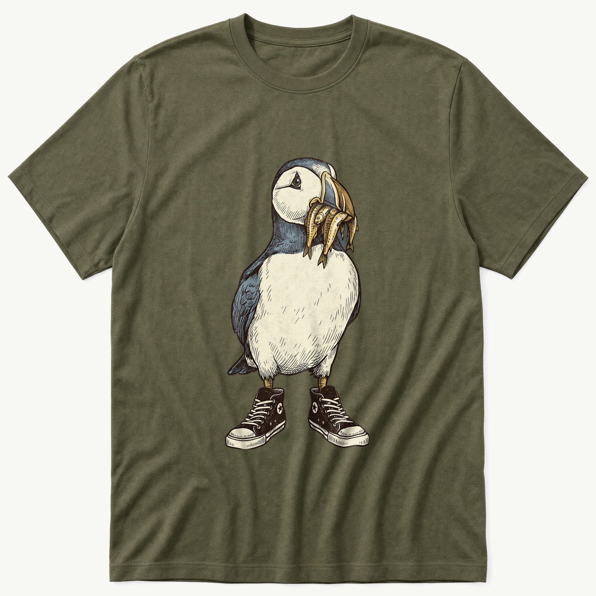 Puffin And Fish 77 — Olive T-Shirt