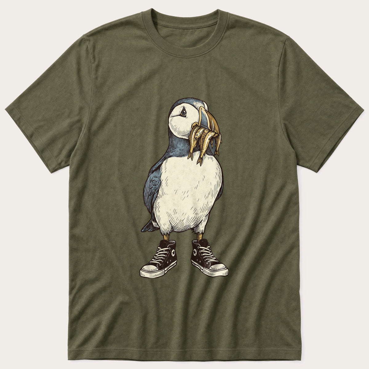 Puffin And Fish 77 — Olive T-Shirt