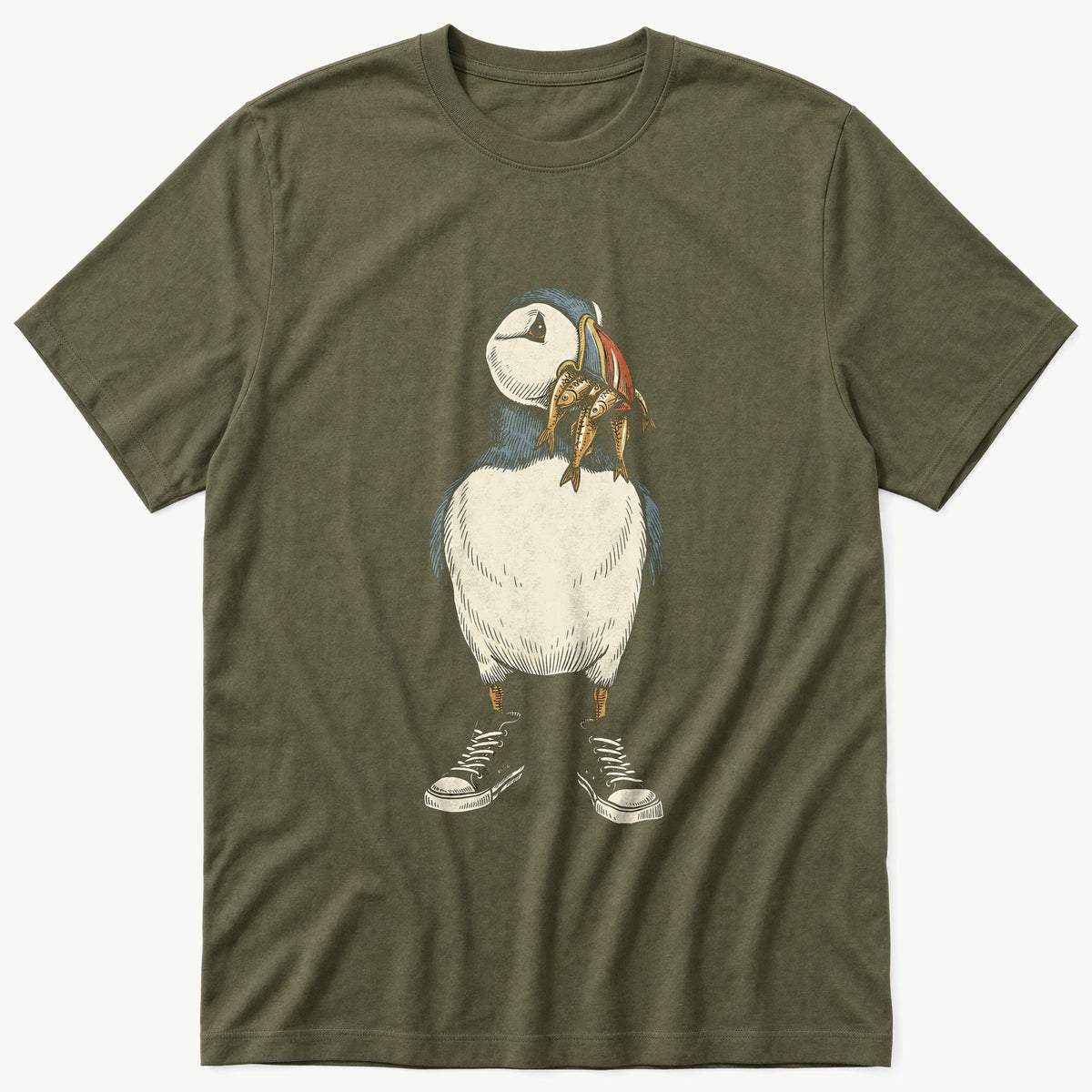 Puffin And Fish 98 — Olive T-Shirt