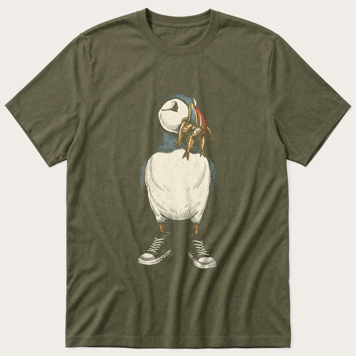 Puffin And Fish 98 — Olive T-Shirt