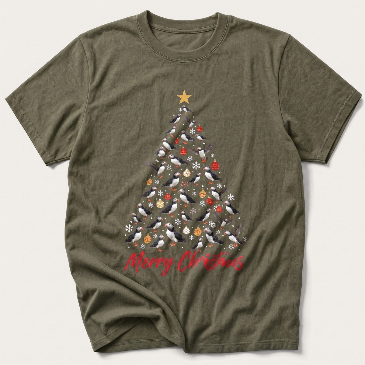 Puffin Christmas Tree — Olive T-Shirt