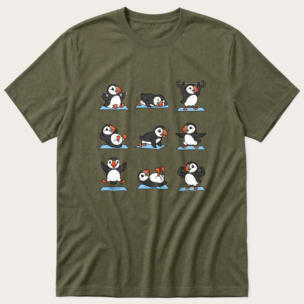 Puffin Workout — Olive T-Shirt