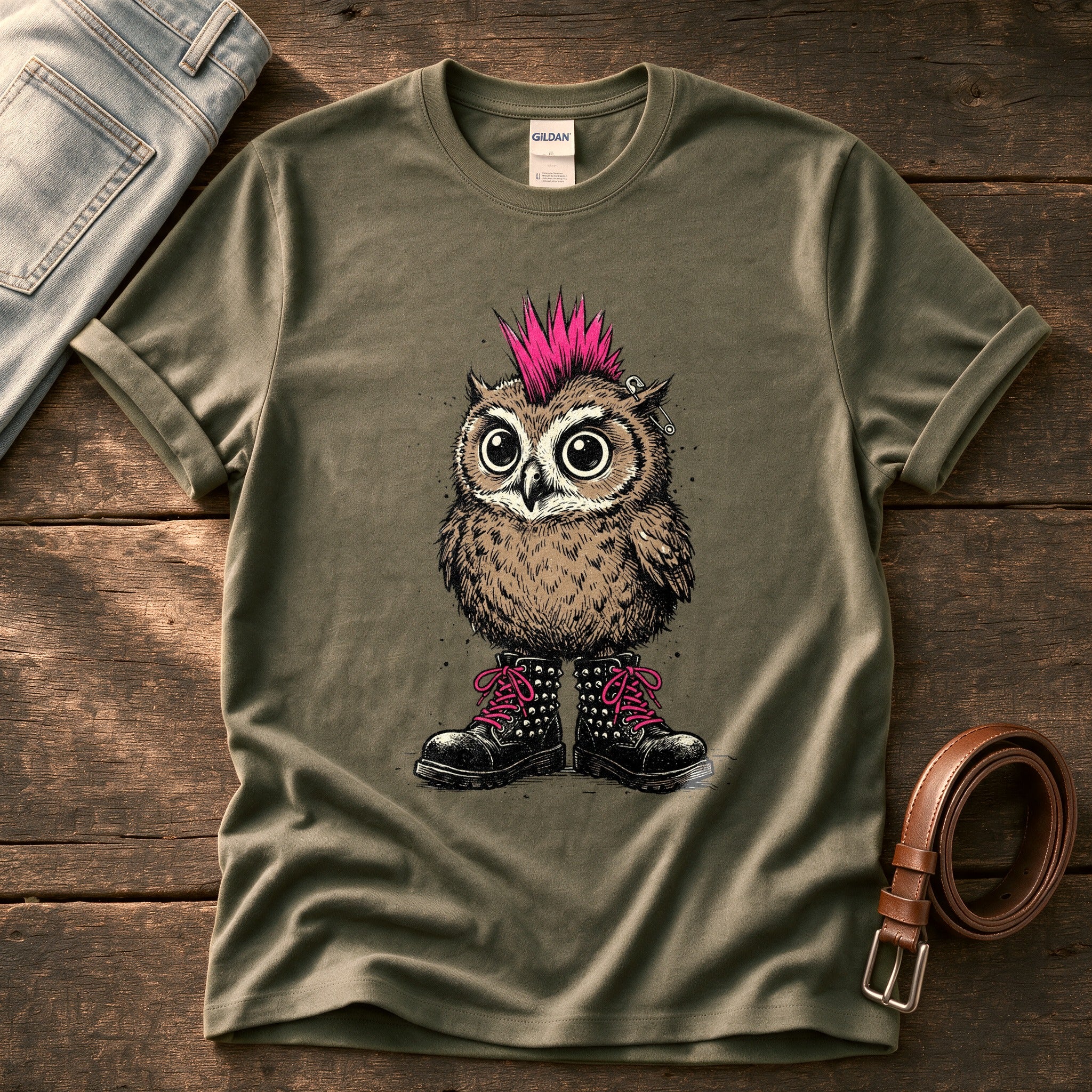 Punk Owl 1 — Olive Comfort Colors tee