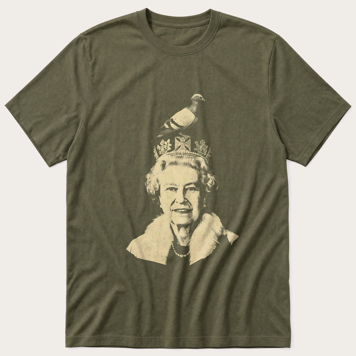 Queen Elizabeth Pigeon 9 — Olive T-Shirt