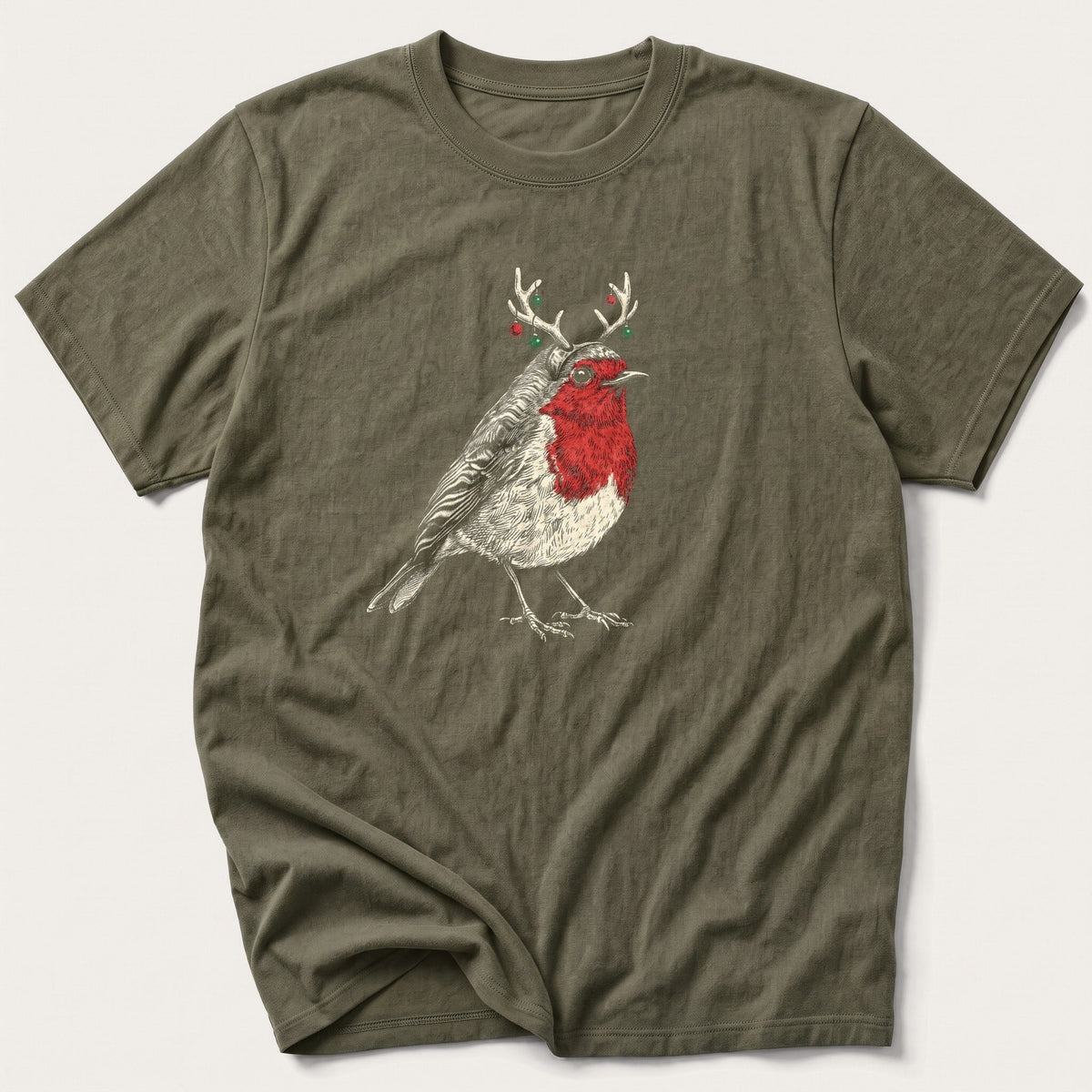 Reindeer Antler Robin — Olive T-Shirt