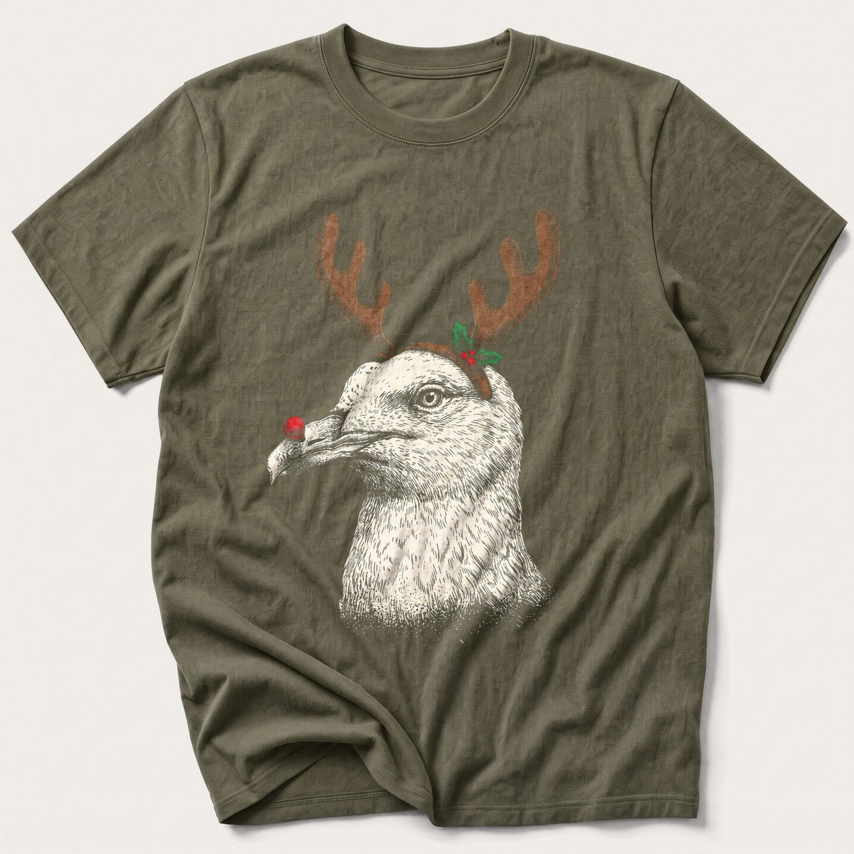 Reindeer Nose Seagull — Olive T-Shirt