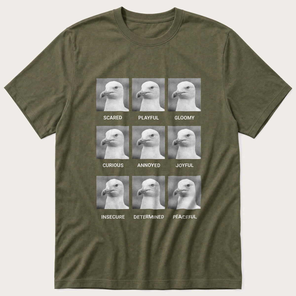 Seagull Emotions — Olive T-Shirt
