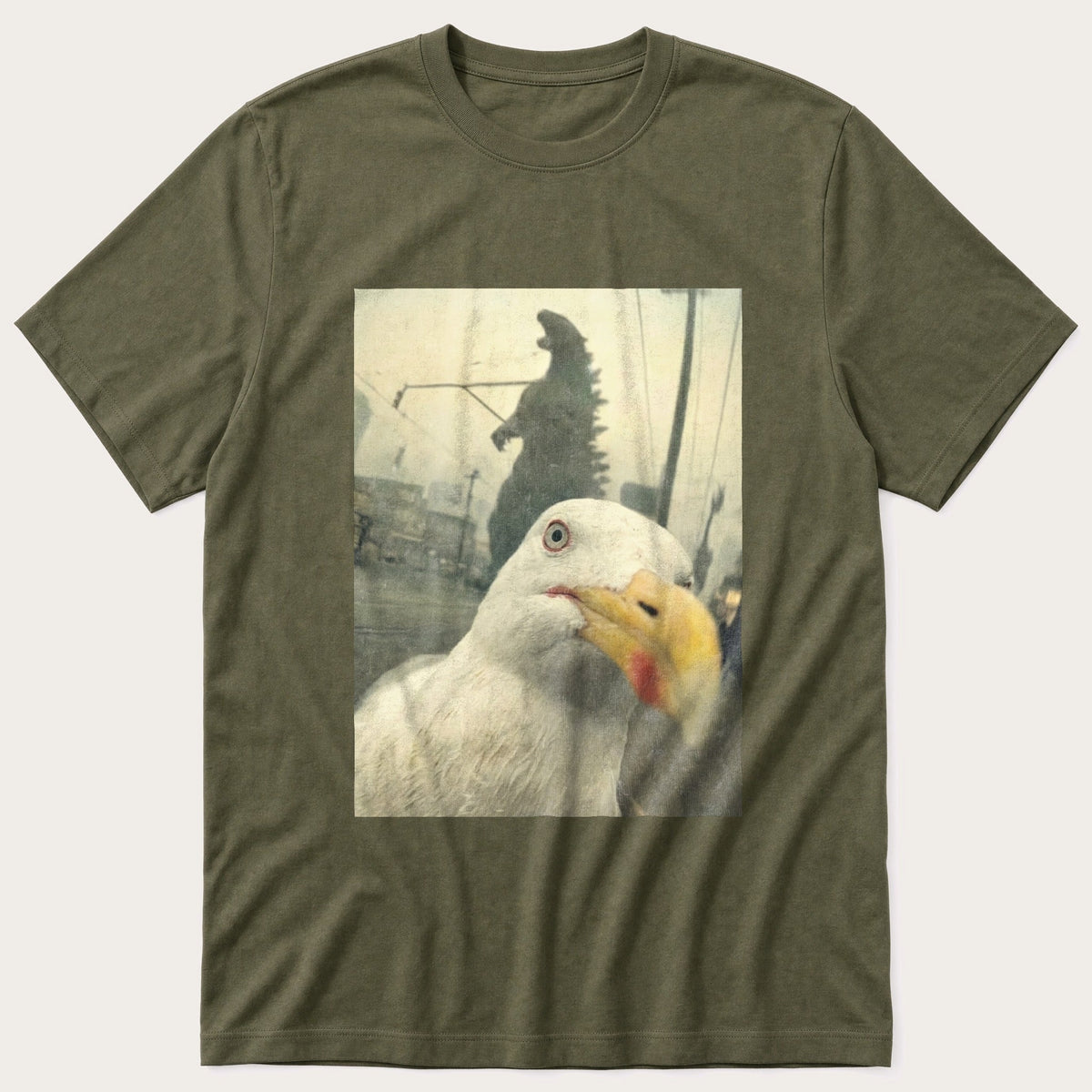Seagull Selfie 5 — Olive T-Shirt