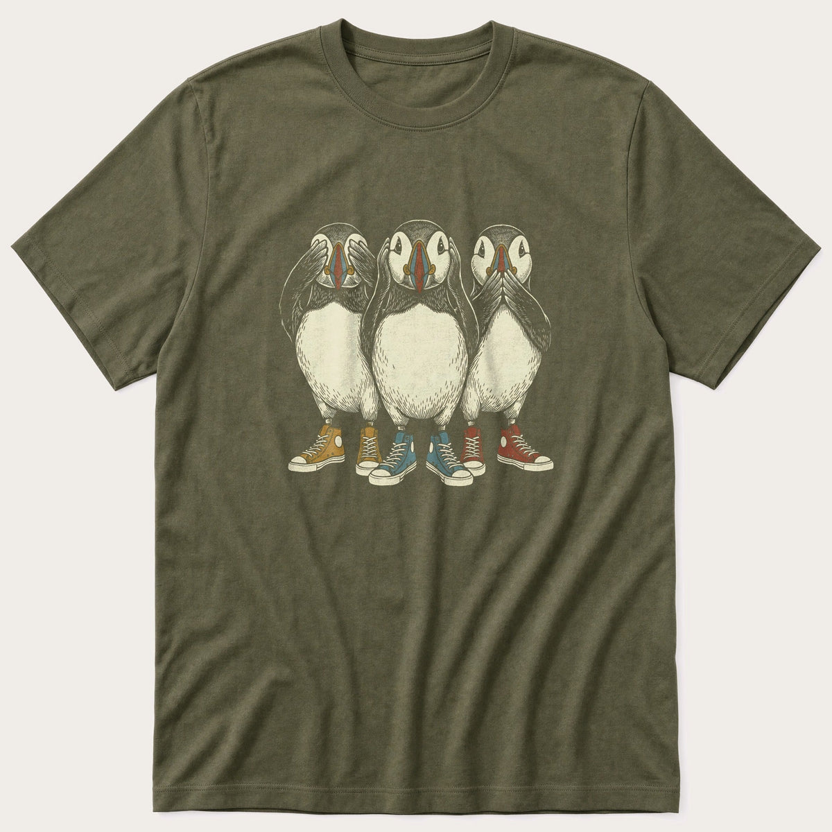See Hear Speak Puffins 1 — Olive T-Shirt