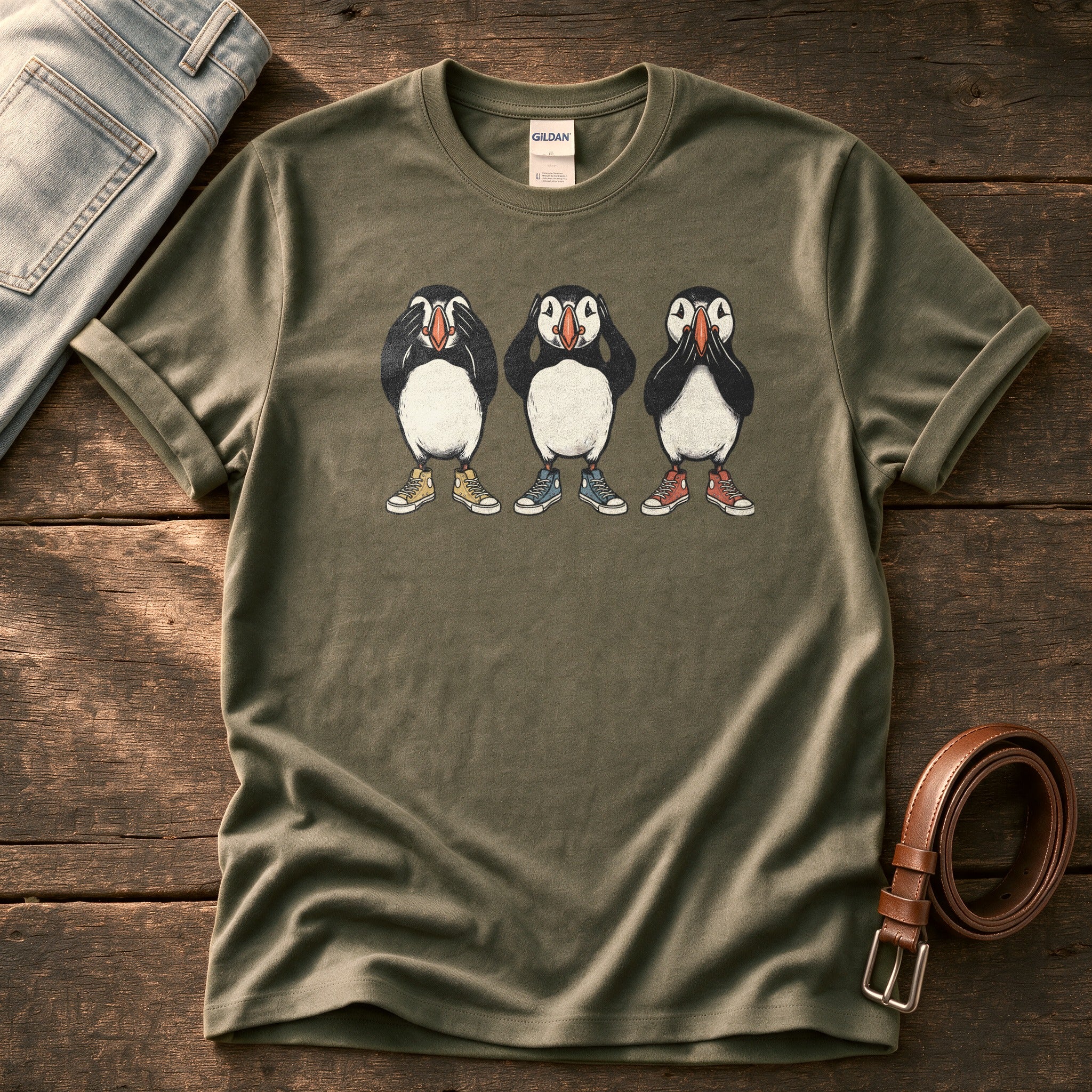 See Hear Speak Puffins 5 — Olive Comfort Colors tee