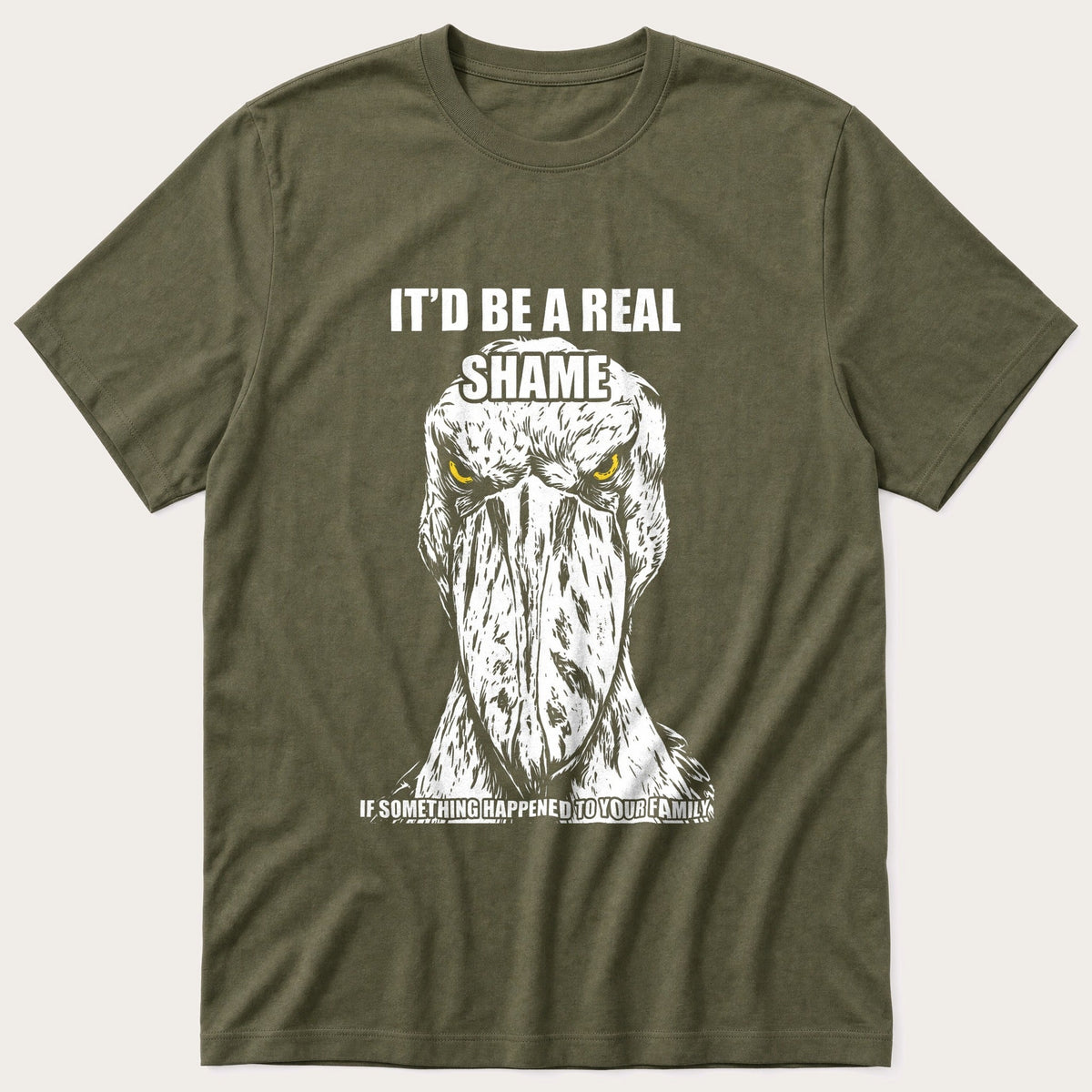 Shoebill Threat Linocut — Olive T-Shirt