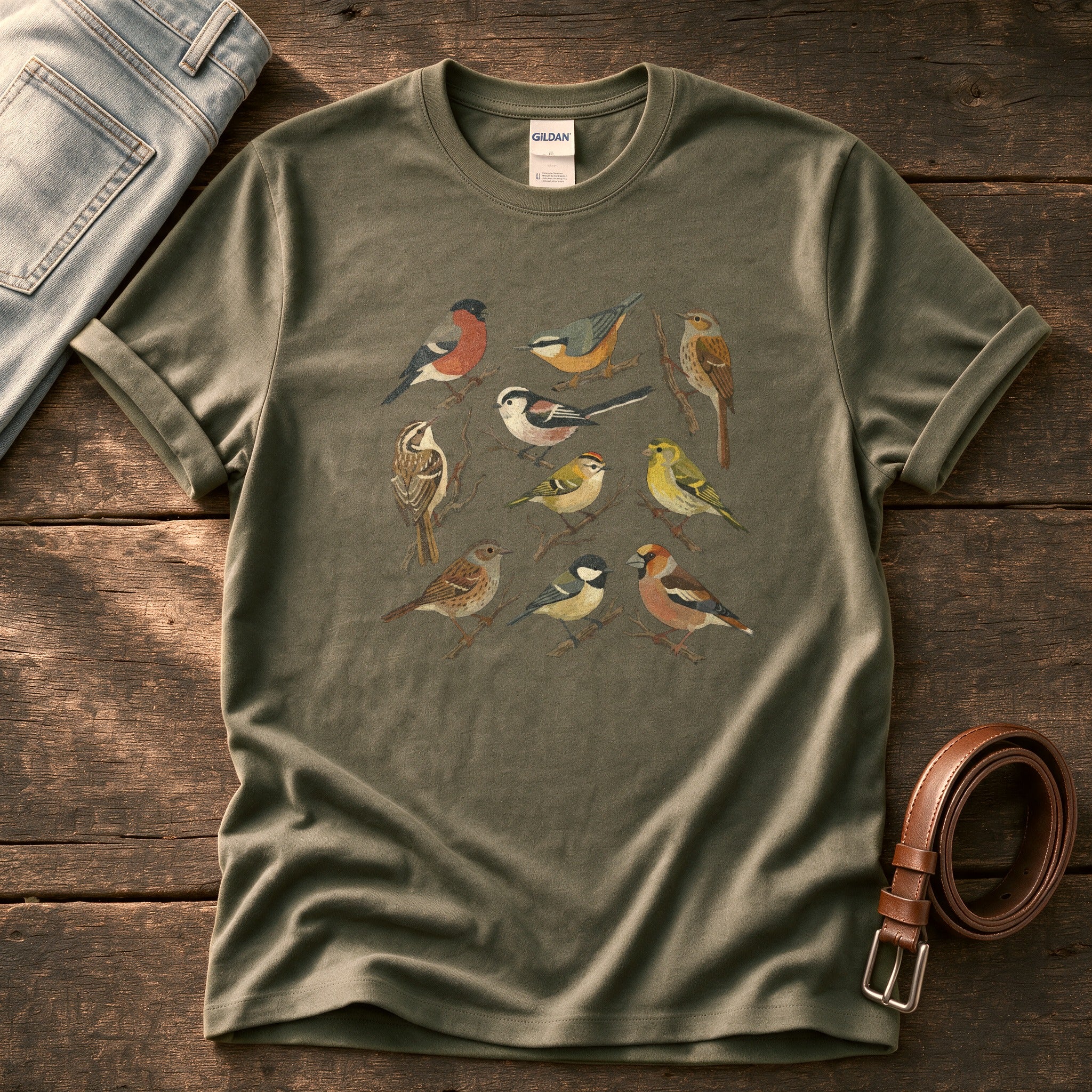 Small Wild Bird Flock — Olive Comfort Colors tee