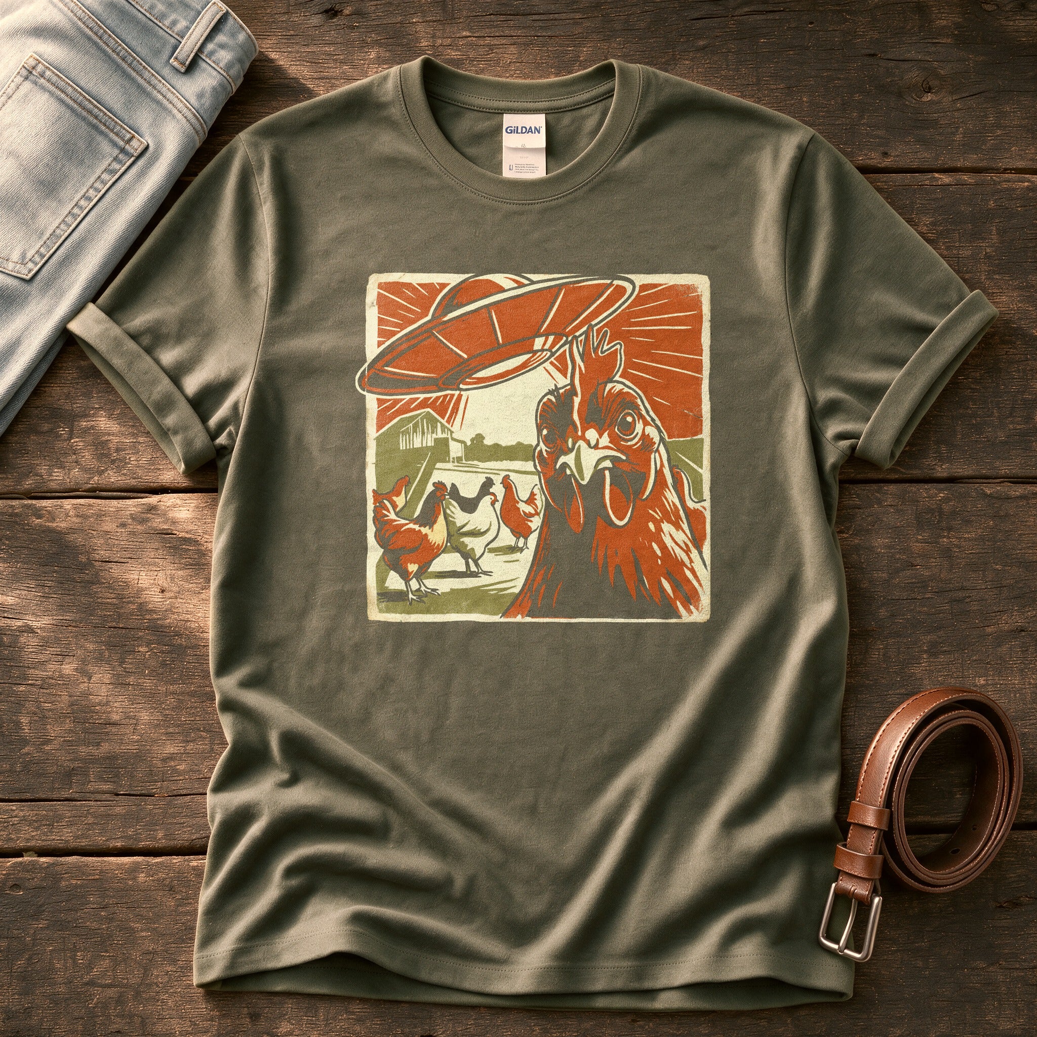 Spaceship Chicken 45 — Olive Comfort Colors tee