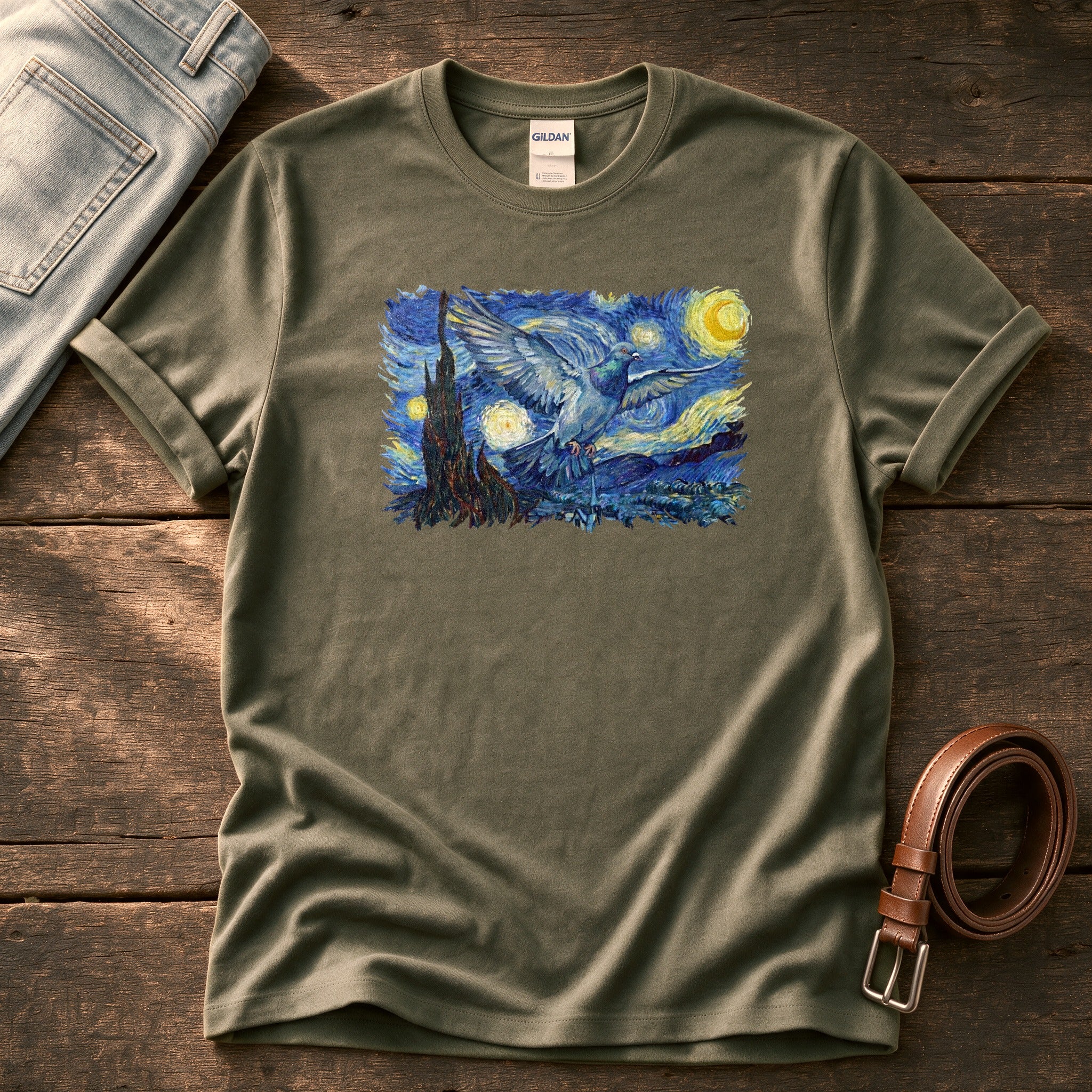 Starry Night Pigeon — Olive Comfort Colors tee