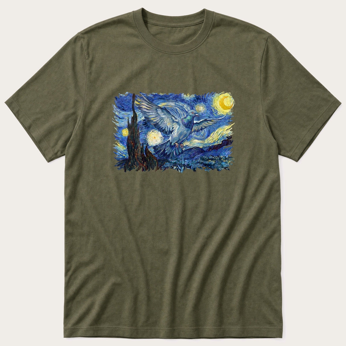 Starry Night Pigeon — Olive T-Shirt