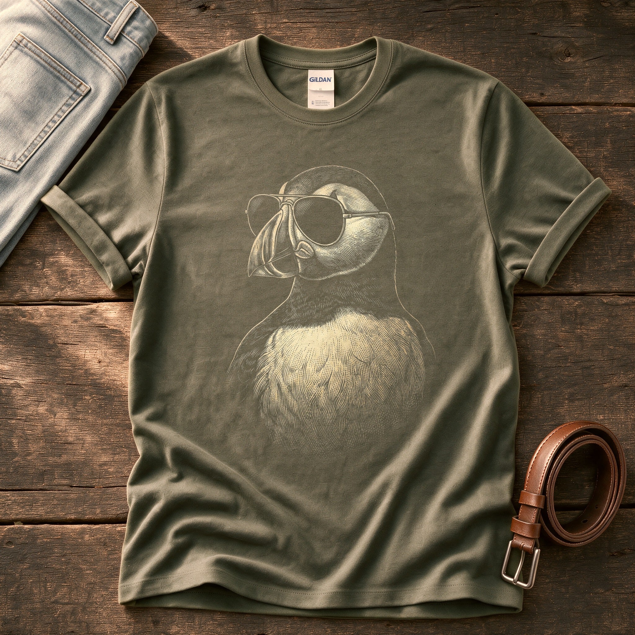 Sunglass Puffin 5 — Olive Comfort Colors tee