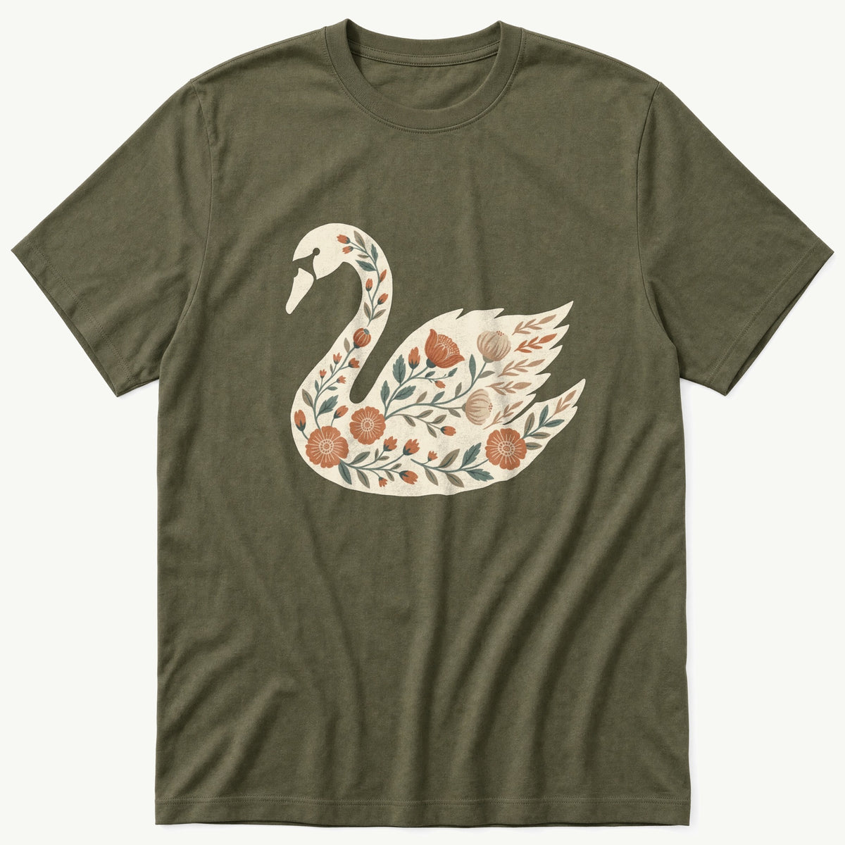 Swan Floral Pattern — Olive T-Shirt