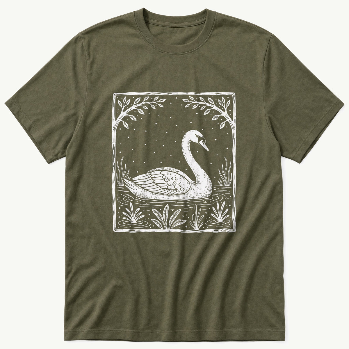 Swan WoodCut Print — Olive T-Shirt