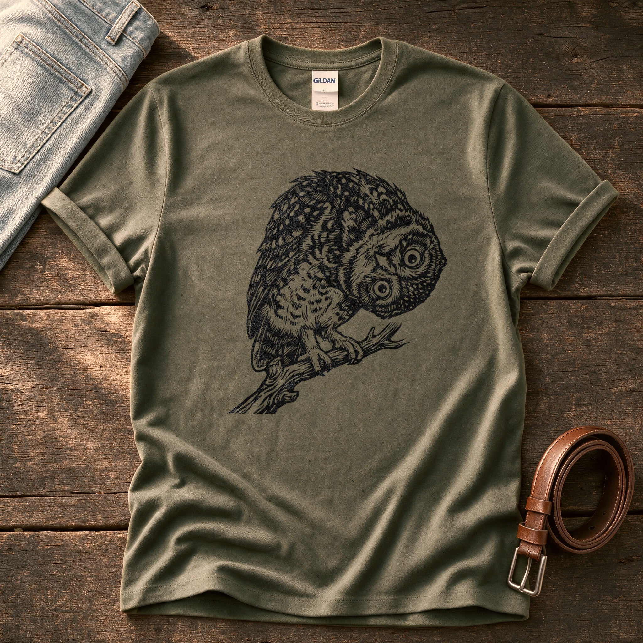 Tilted Head Owl 11 — Olive Comfort Colors tee